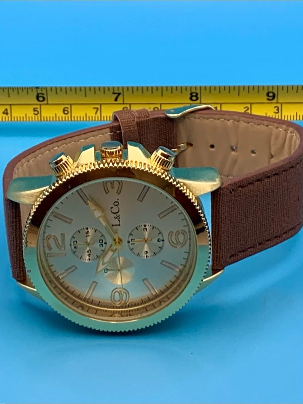 L&CO. Fashion Sport Quartz Wristwatch Faux Subdials Gold Tone Finish Working